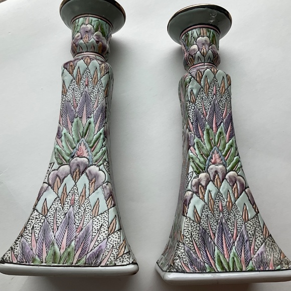 Vintage Chinoiserie Candle Holders Pastel Textured Boho Decor - One Pair… - Picture 8 of 10